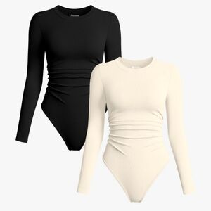 Crew Neck Long Sleeve Ruched Stretch Fitted Bodysuits